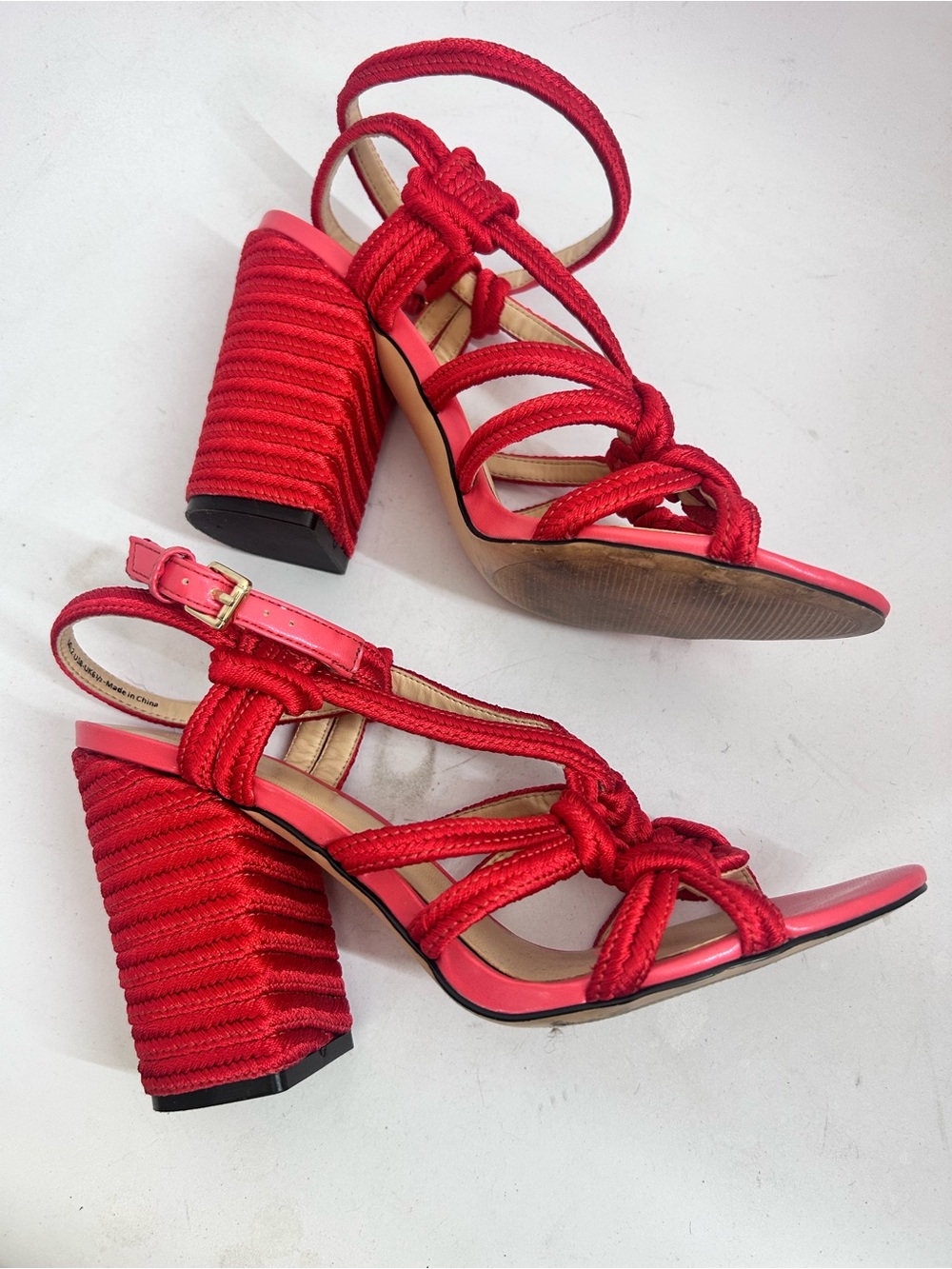 Cabi Tiptoe Rope Sandals Size 8 Hibiscus Red Ankle Strappy Block Heel - Picture 7 of 8